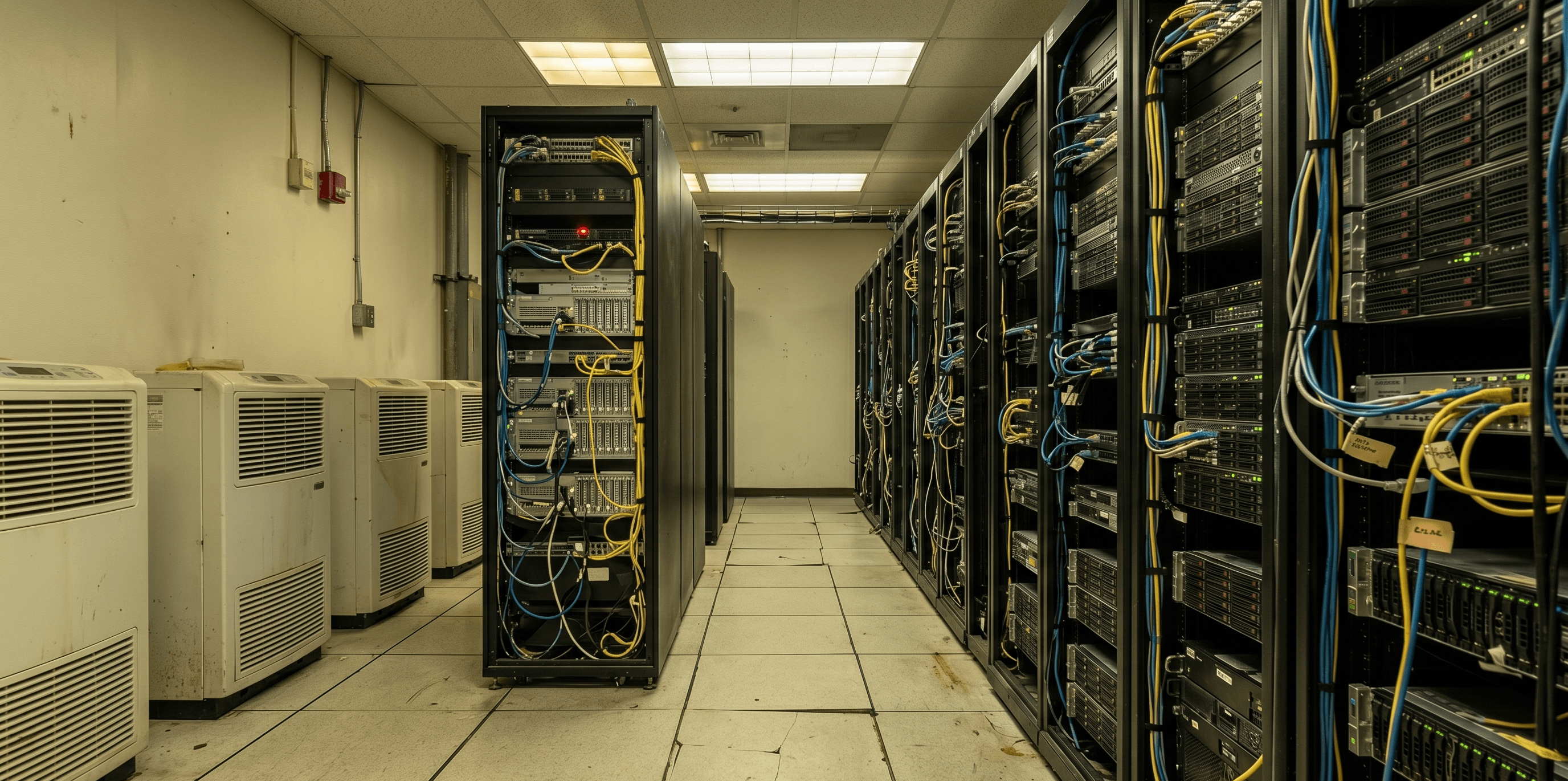 Legacy air-cooled data center interior with raised-floor tiles, aging cooling units, and densely cabled racks, the kind of facility that needs retrofit screening.