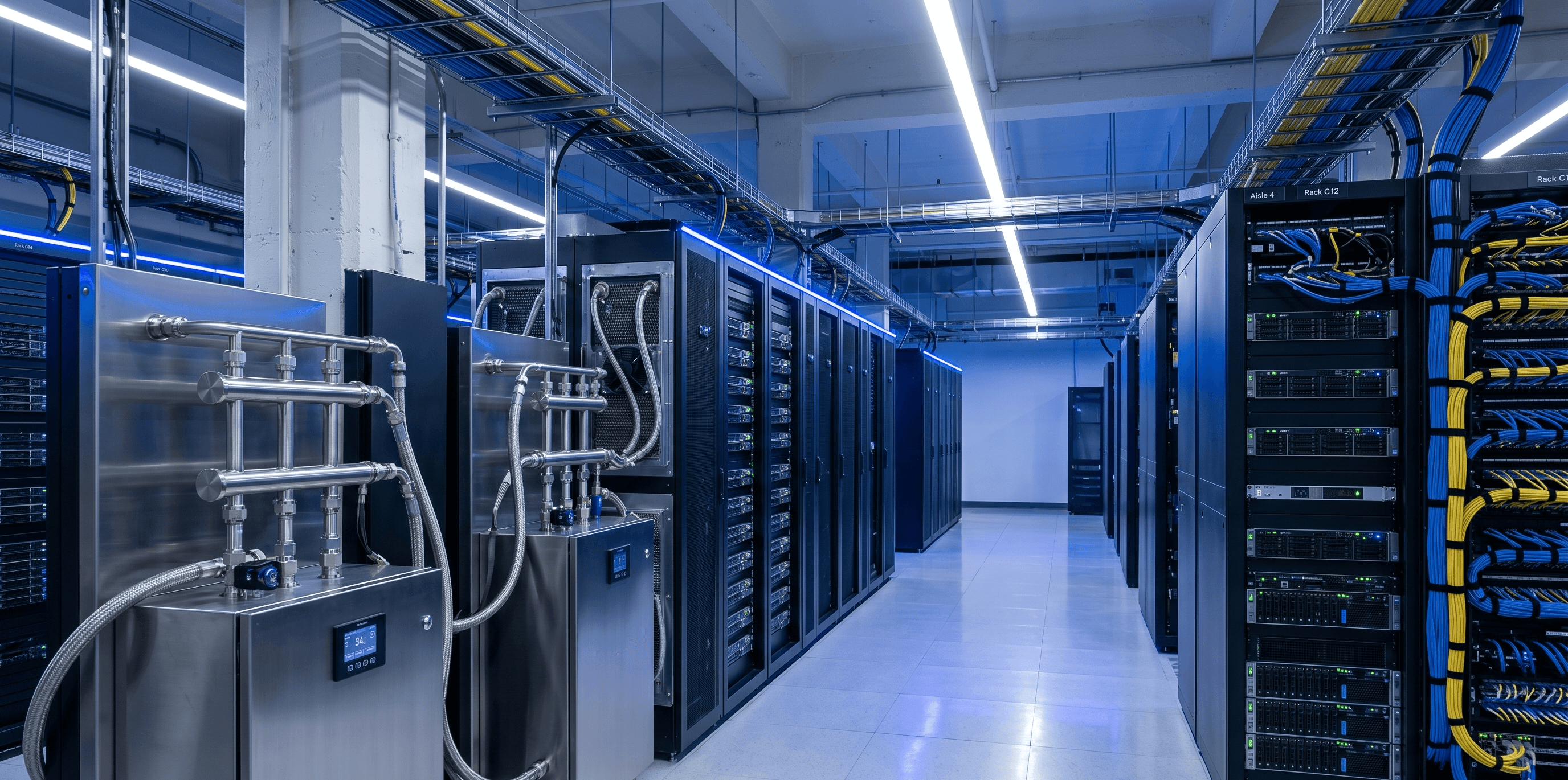 Modern retrofitted data center with high-density racks, stainless piping, and liquid cooling distribution units, the target outcome of a successful retrofit.